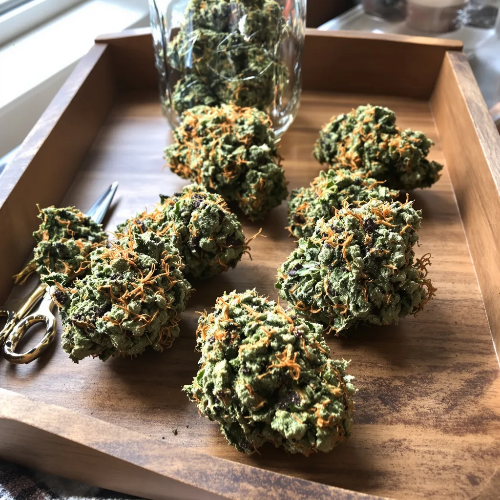 Sour Kush 50% indica / 50% sativa flower with visible trichomes
