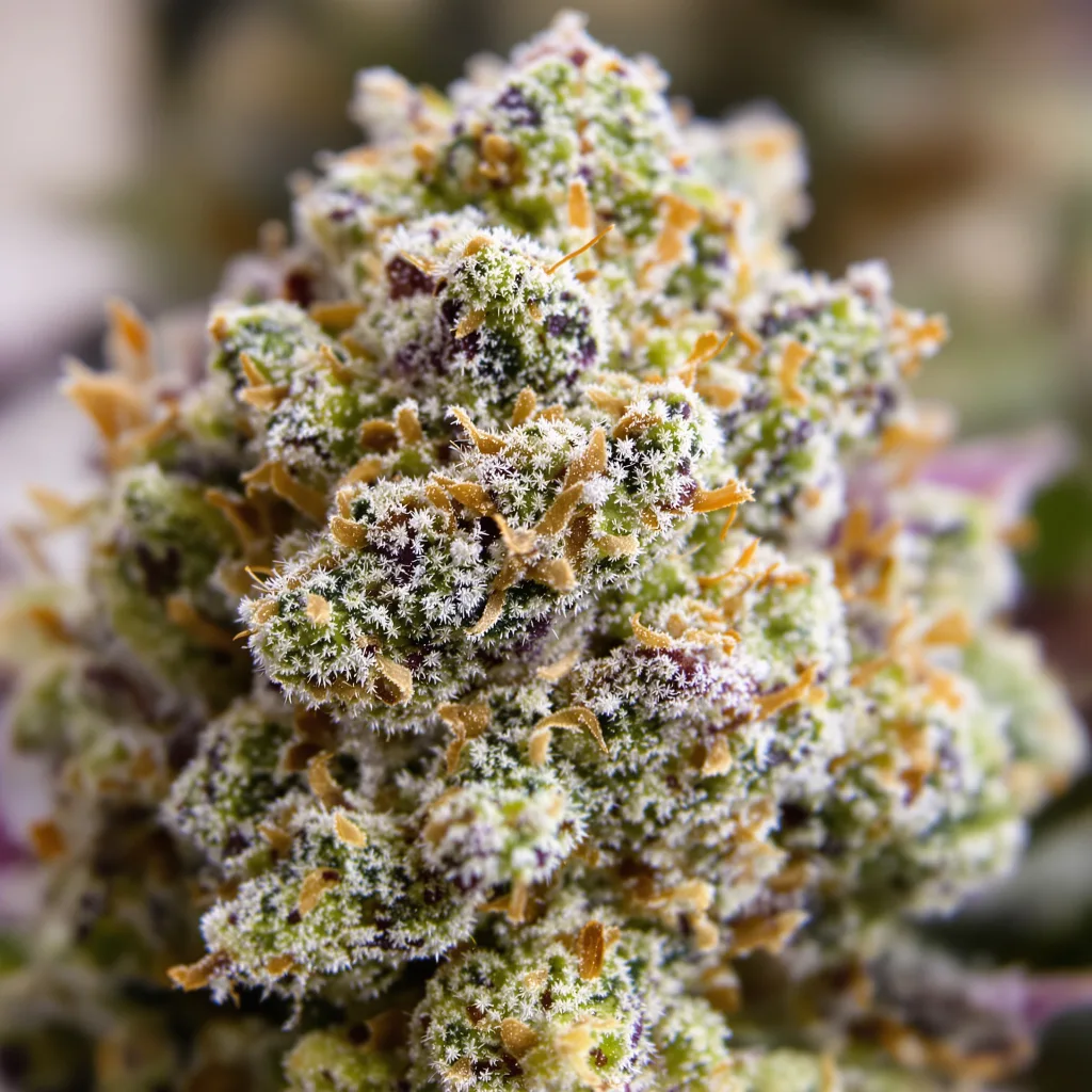 Sour Lemon OG cannabis bud close-up showing open-bud structure with orange pistils