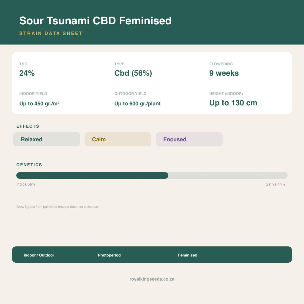Sour Tsunami CBD 56% indica / 44% sativa flower with visible trichomes