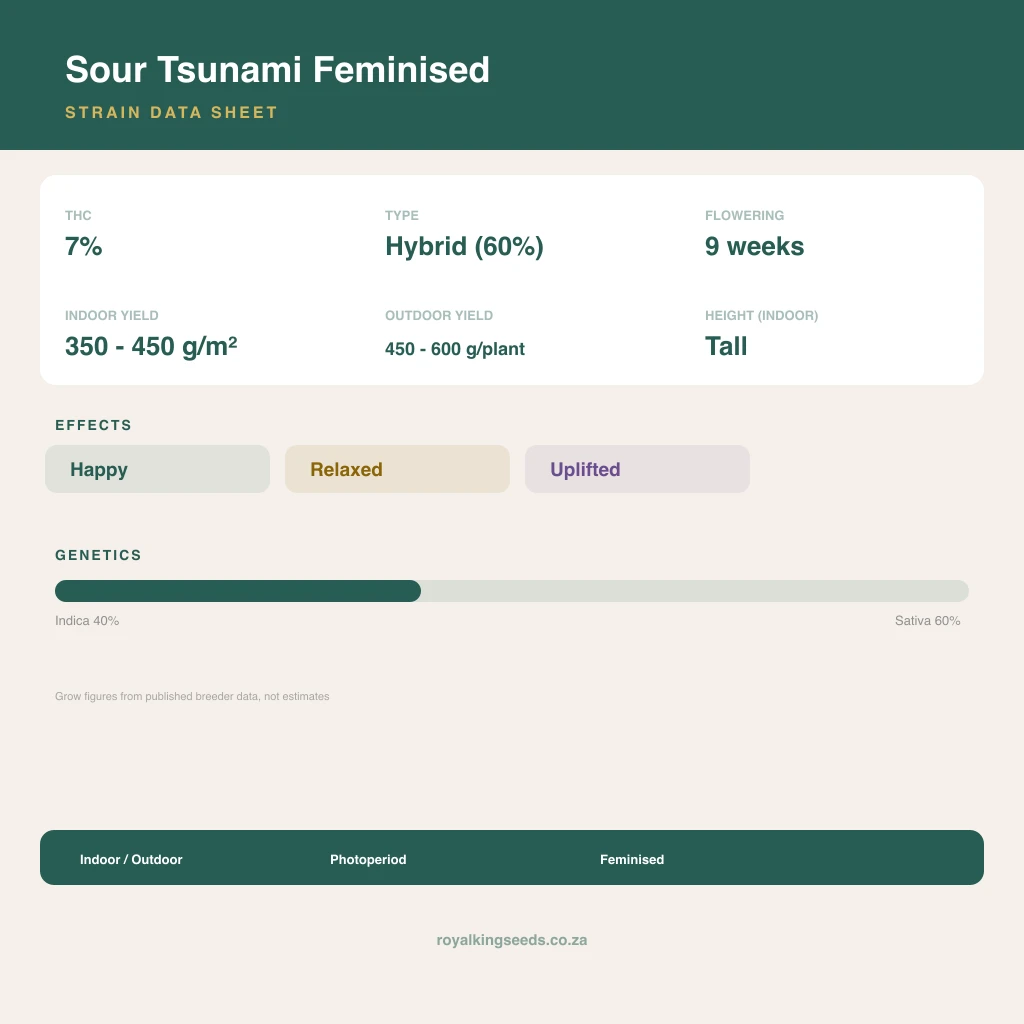 Sour Tsunami 40% indica / 60% sativa flower with visible trichomes