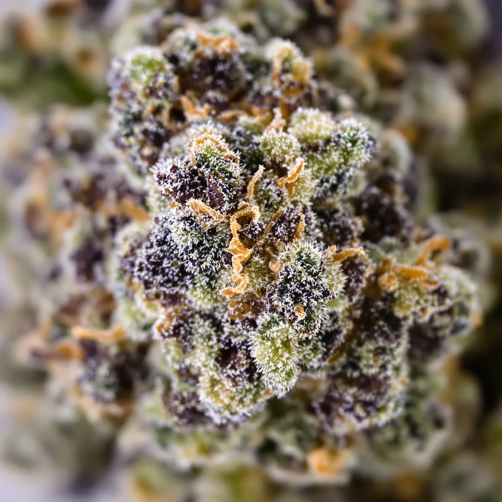 South Indian cannabis bud close-up showing dense purple-tinged calyxes