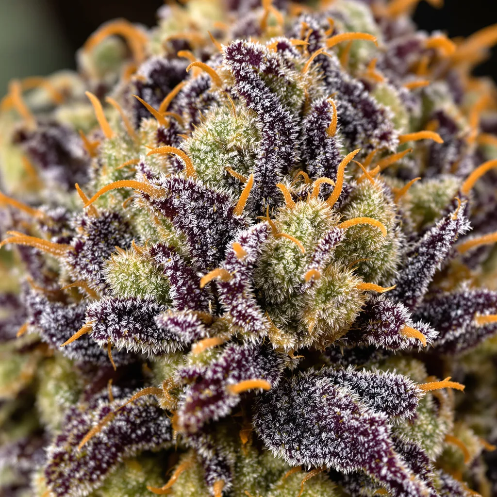 Strawberry Banana cannabis bud close-up showing dense purple-tinged calyxes