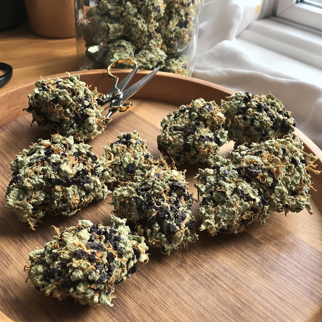 Strawberry Cheesecake 70% indica / 30% sativa flower with visible trichomes