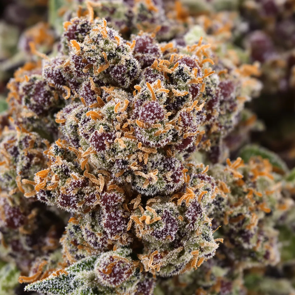 Strawberry Kush cannabis bud close-up showing dense purple-tinged calyxes
