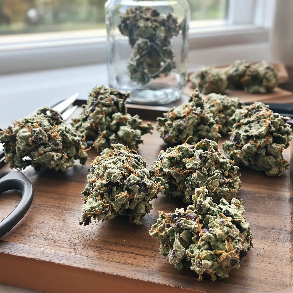 Sunset Sherbet 57% indica / 43% sativa flower with visible trichomes
