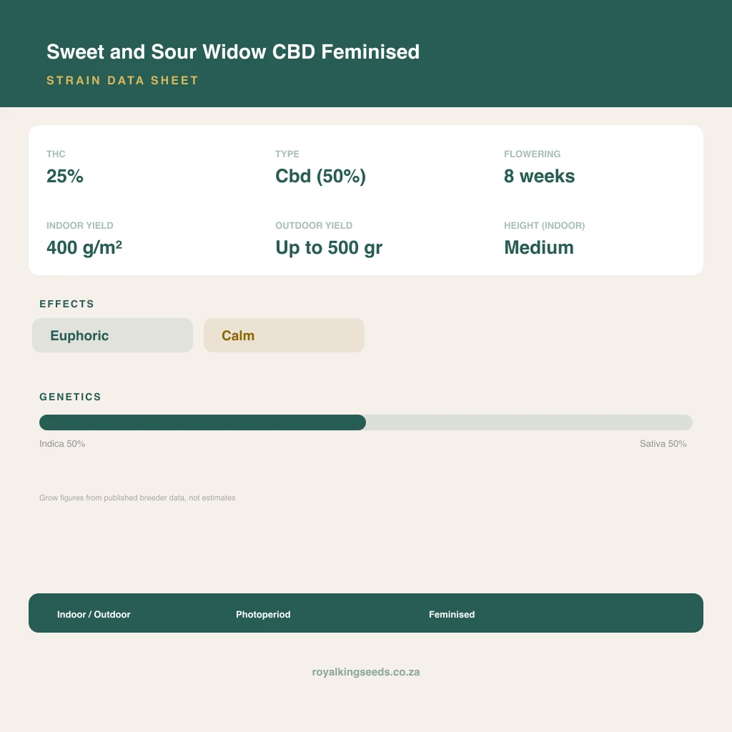 Sweet and Sour Widow CBD 50% indica / 50% sativa flower with visible trichomes