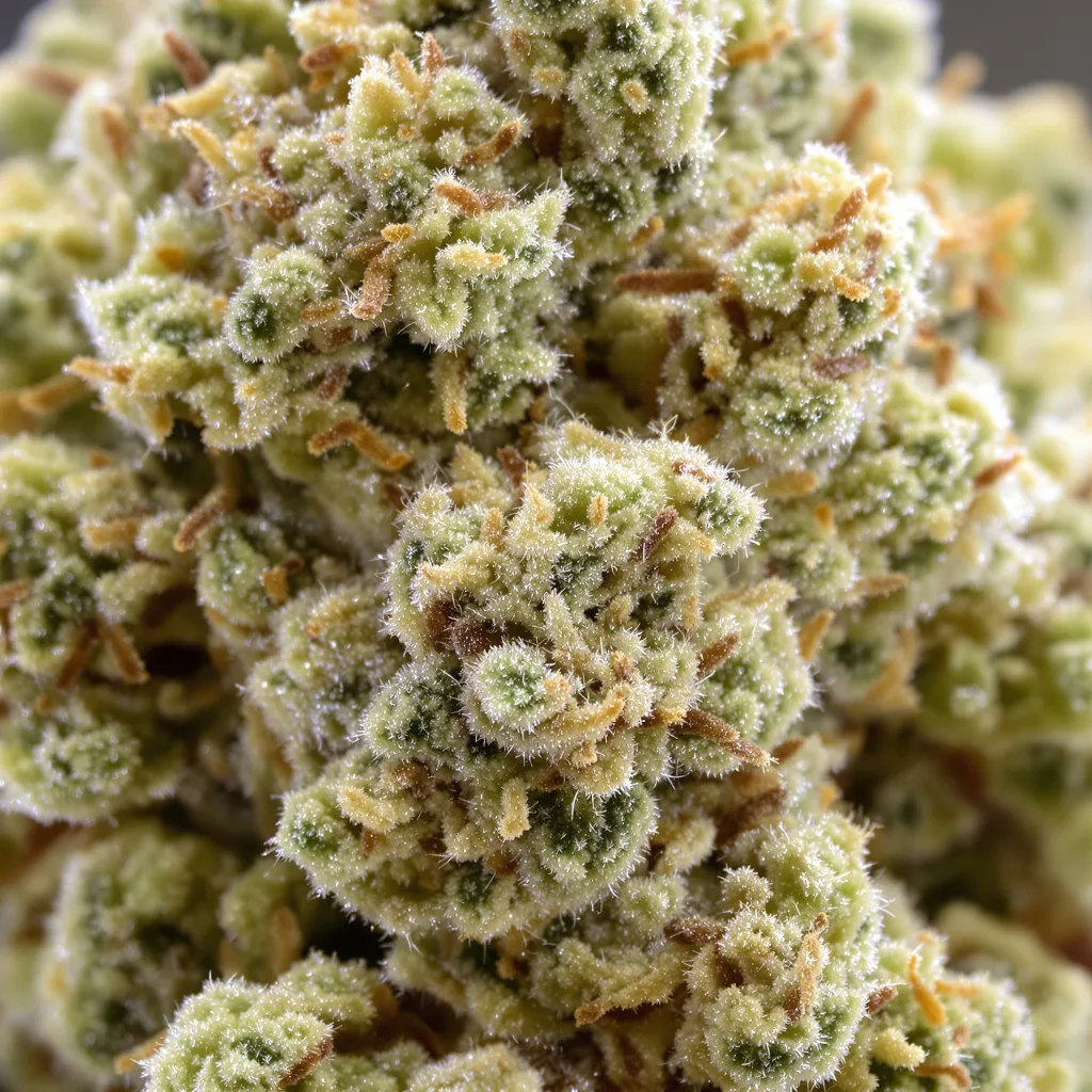 Sweet and Sour Widow CBD cannabis bud close-up showing pale-green low-resin flower