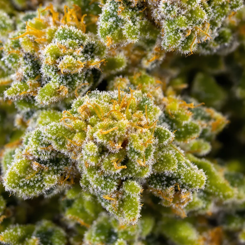 Sweet Diesel cannabis bud close-up showing lime-green airy structure
