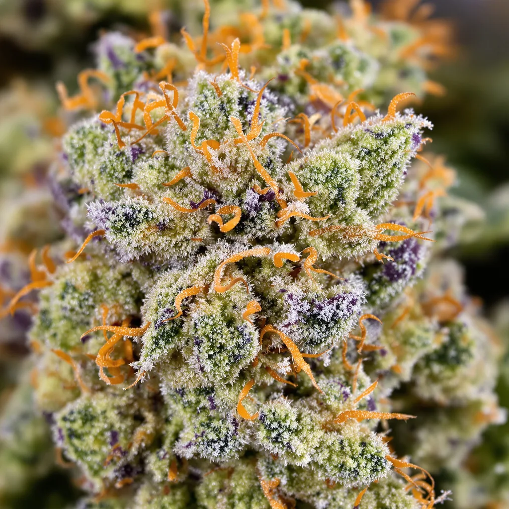 Tangerine Haze cannabis bud close-up showing open-bud structure with orange pistils