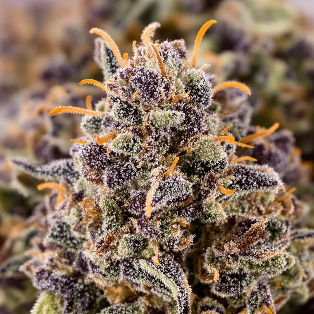 The Big Stink cannabis bud close-up showing dense purple-tinged calyxes