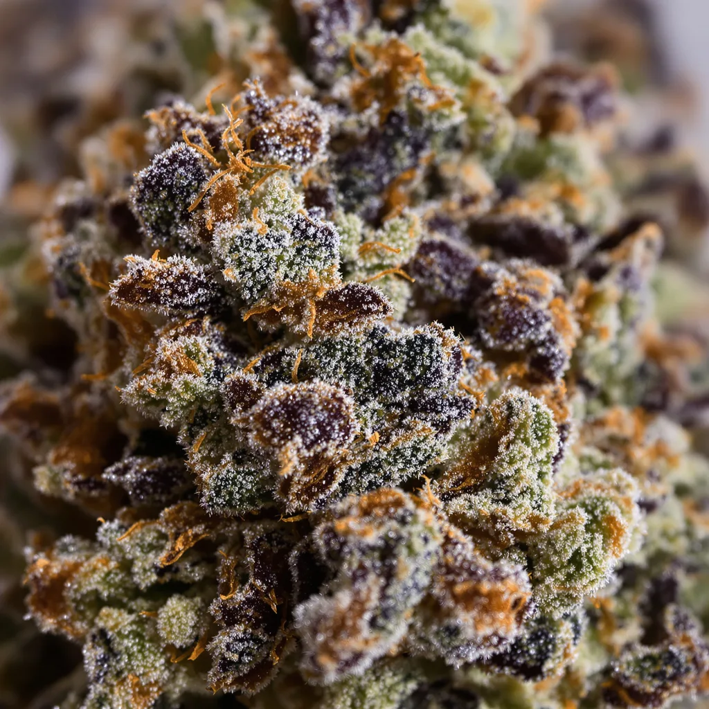 The Sister cannabis bud close-up showing dense purple-tinged calyxes