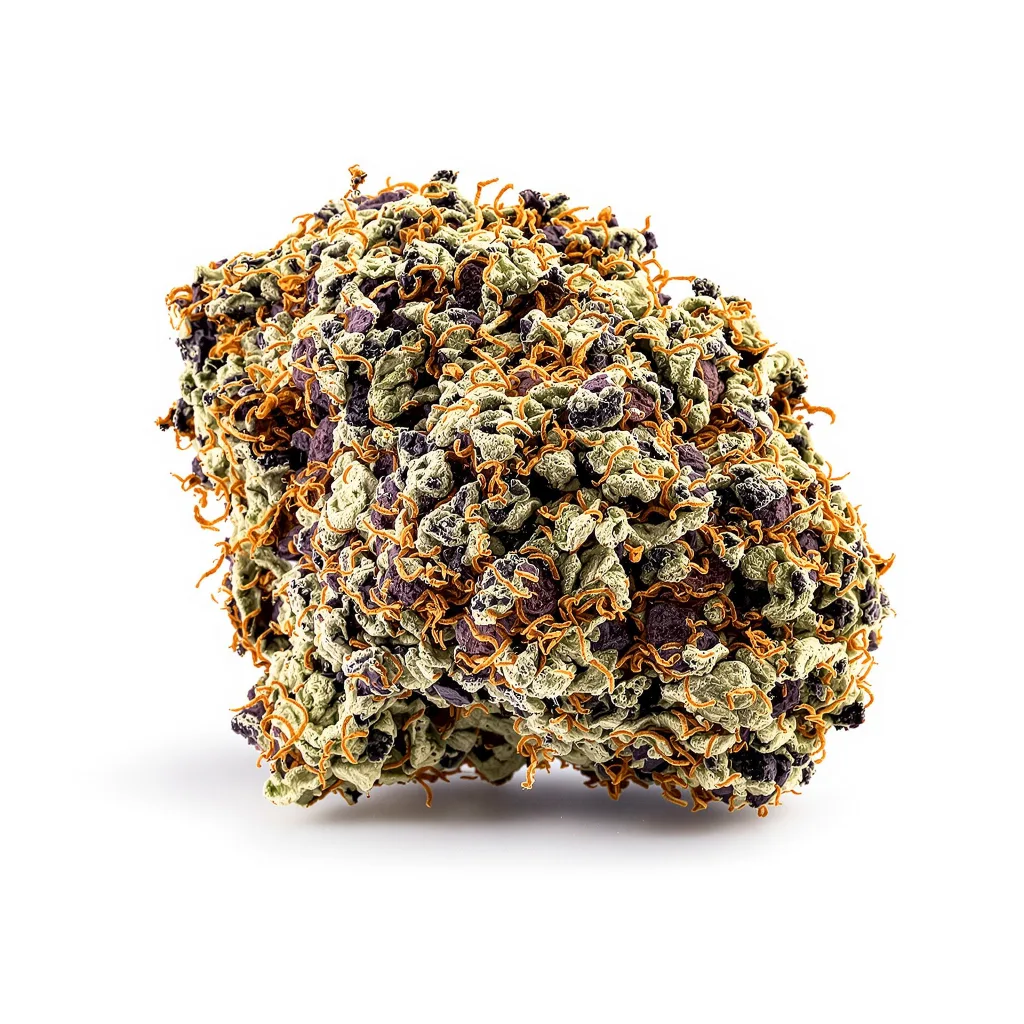 The White 80% indica / 20% sativa flower with visible trichomes