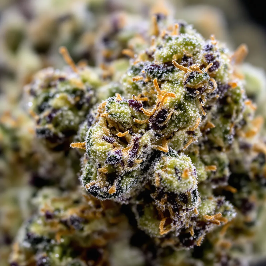 Tiger’s Milk cannabis bud close-up showing balanced bud structure with frosted trichomes