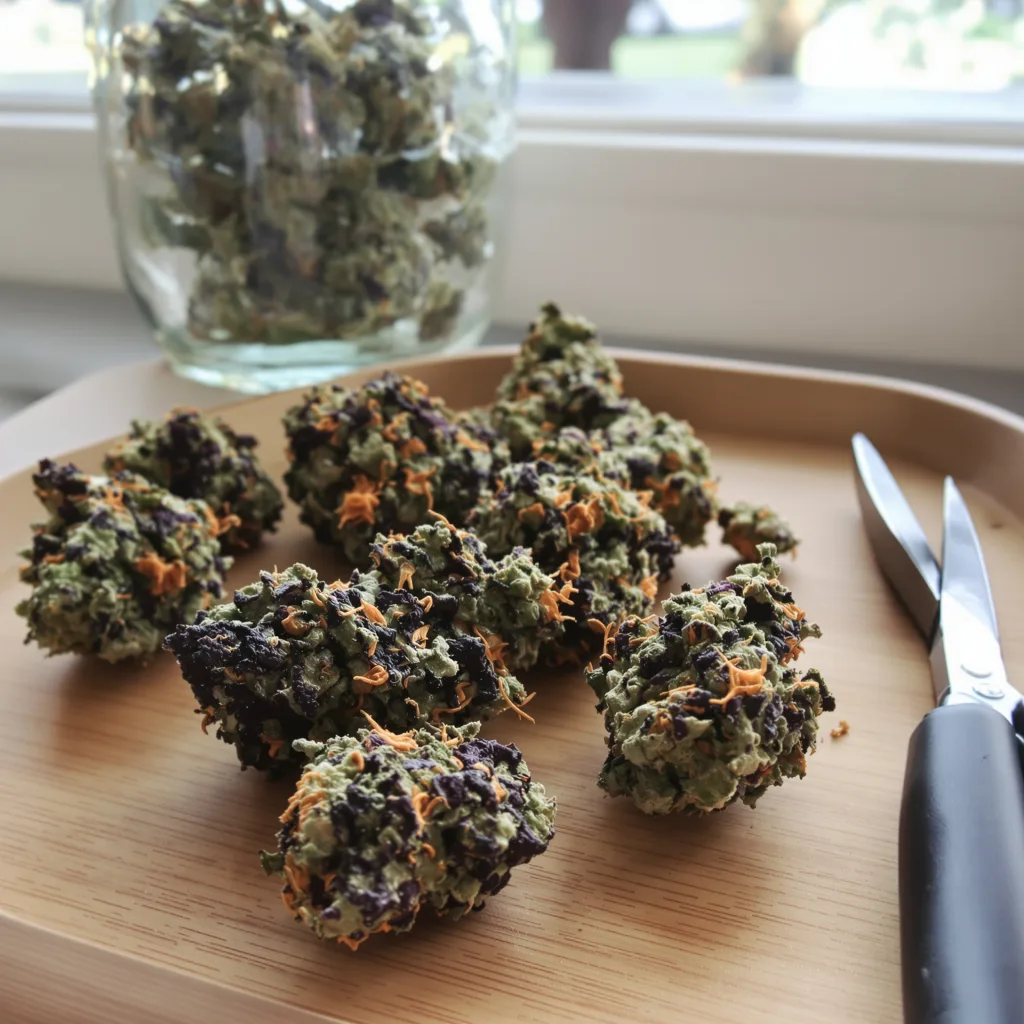 Tropicana Cookies Purple 76% indica / 24% sativa flower with visible trichomes