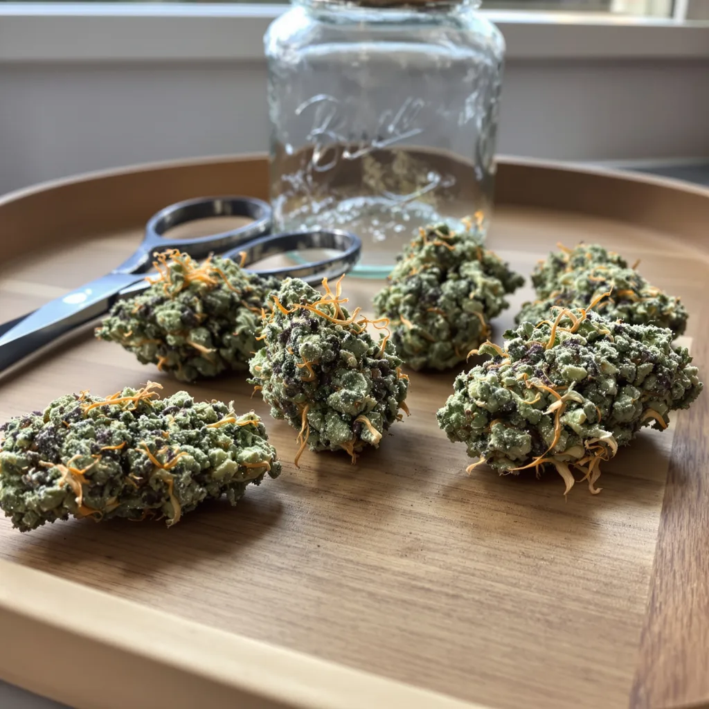 UK Cheese 44% indica / 56% sativa flower with visible trichomes