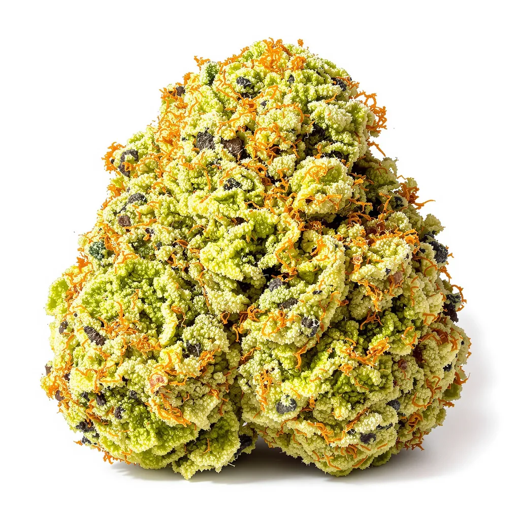White Buffalo 22% indica / 78% sativa flower with visible trichomes