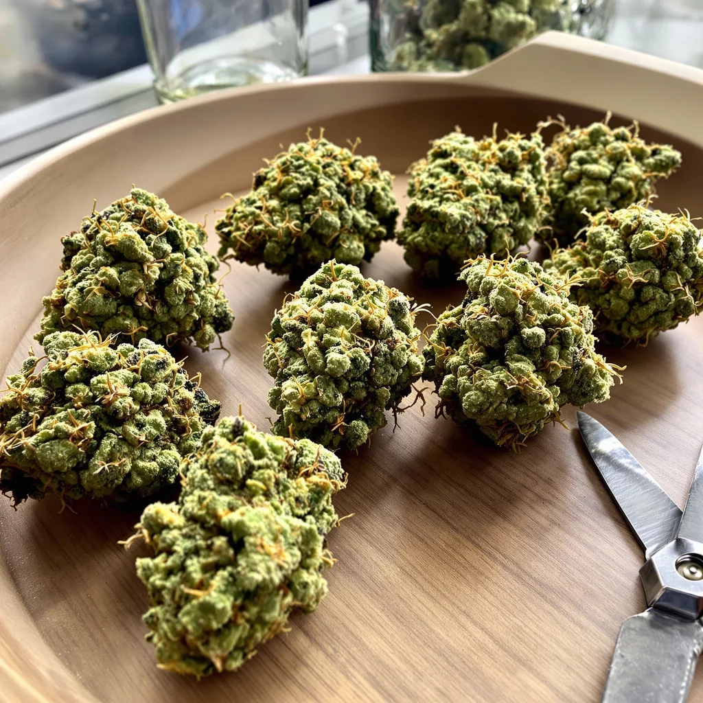 White Buffalo 22% indica / 78% sativa flower with visible trichomes