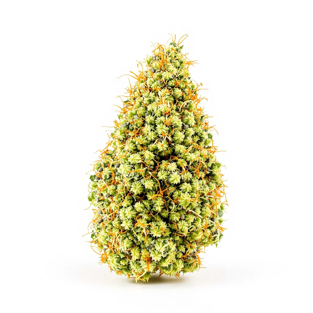 White Buffalo 22% indica / 78% sativa flower with visible trichomes