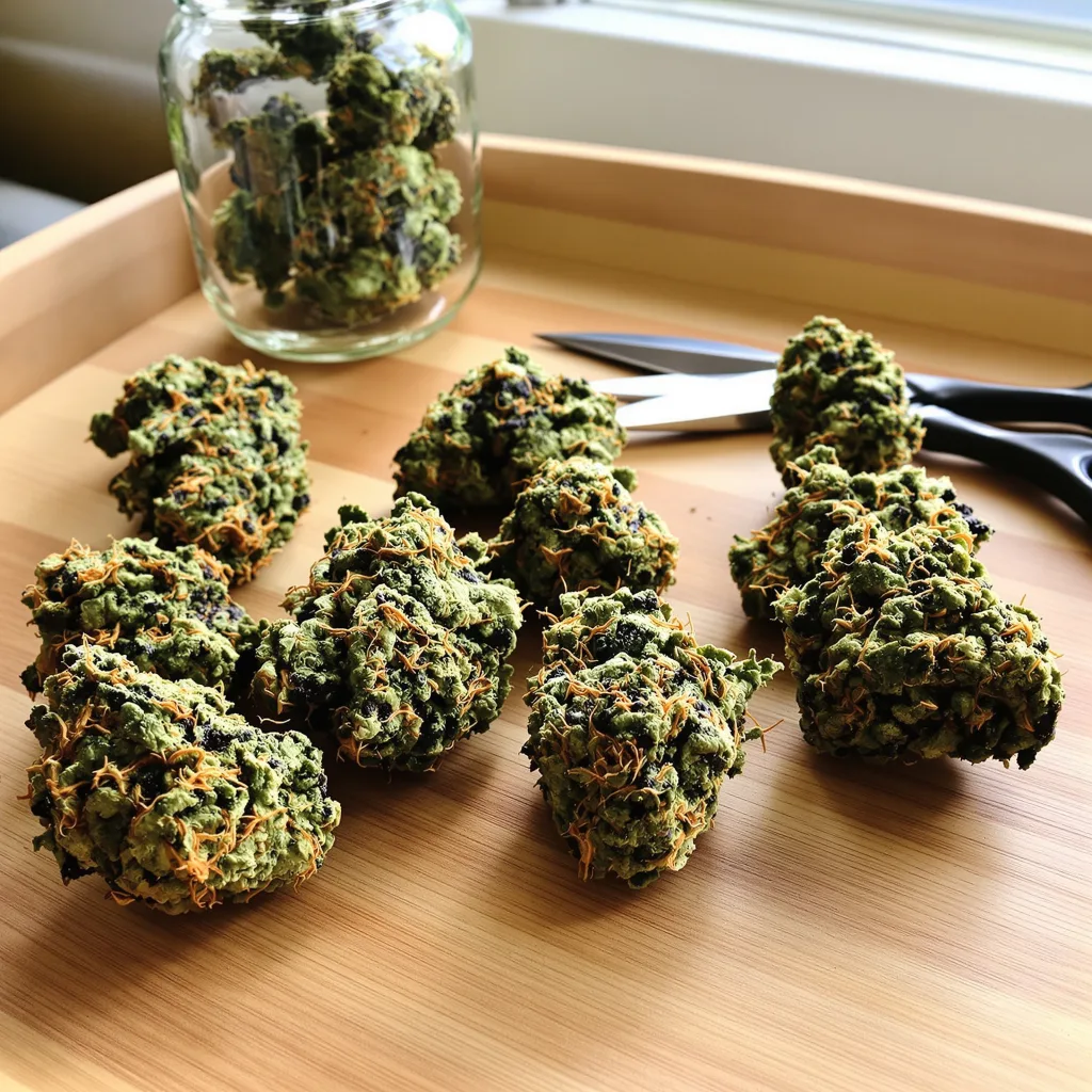 White Rhino 64% indica / 36% sativa flower with visible trichomes