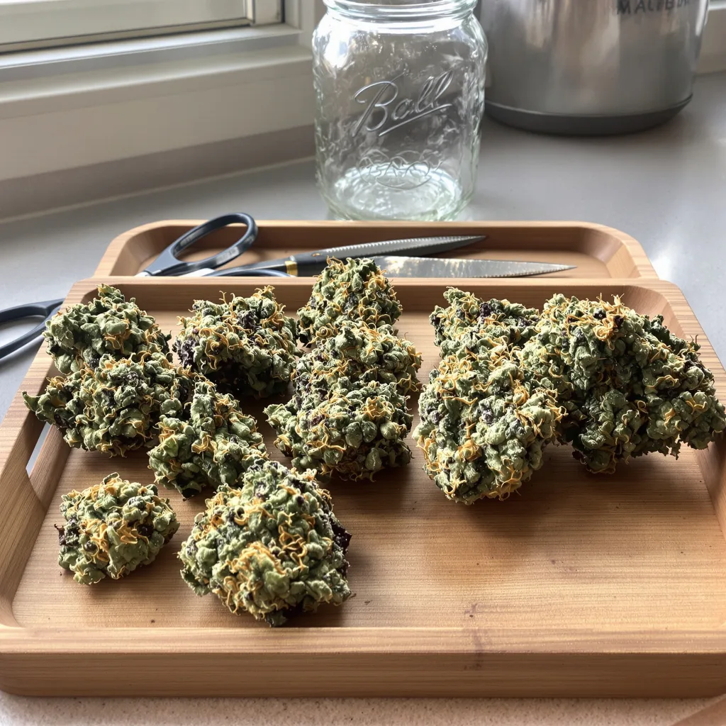 White Rhino 67% indica / 33% sativa flower with visible trichomes