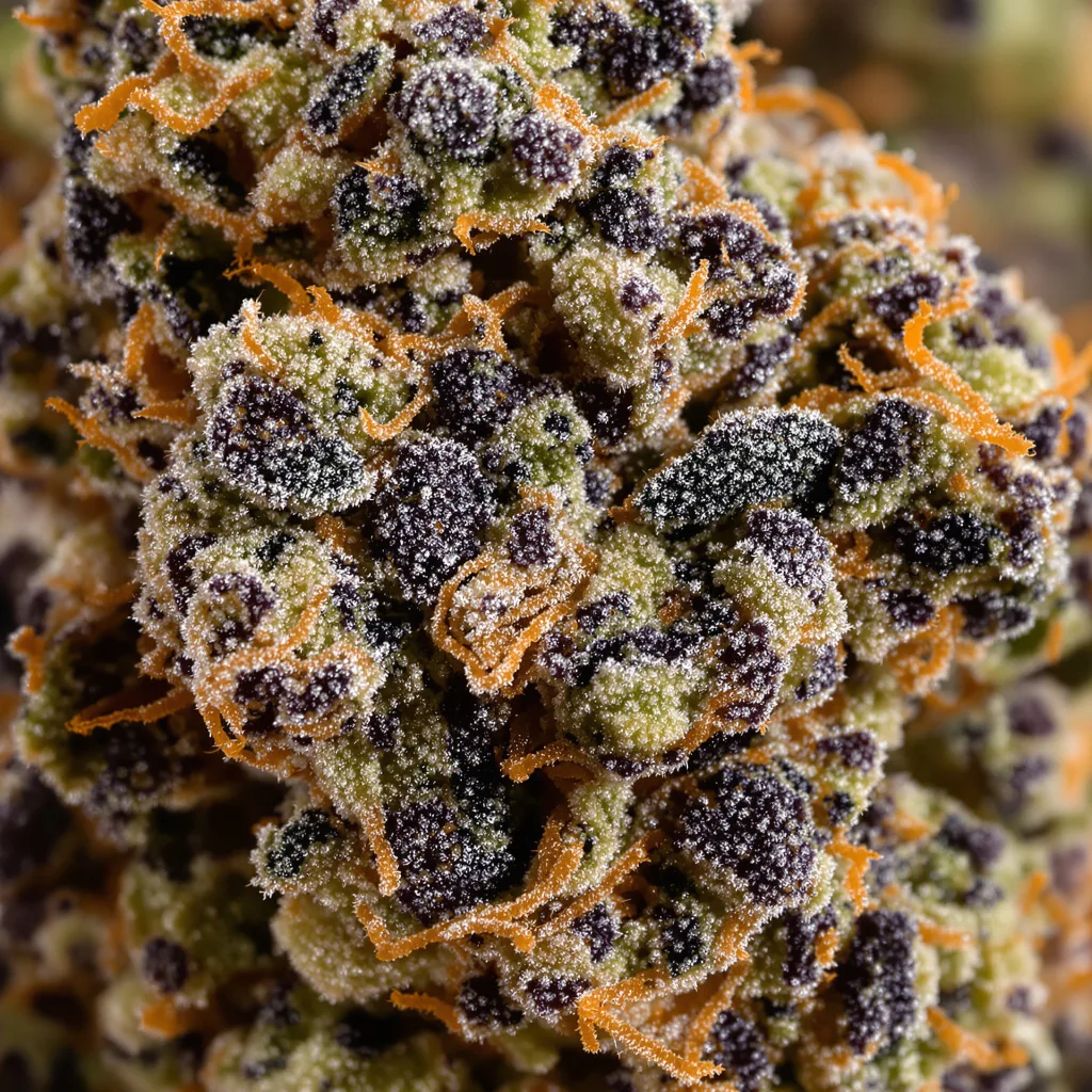 Yoda’s Brain cannabis bud close-up showing dense purple-tinged calyxes