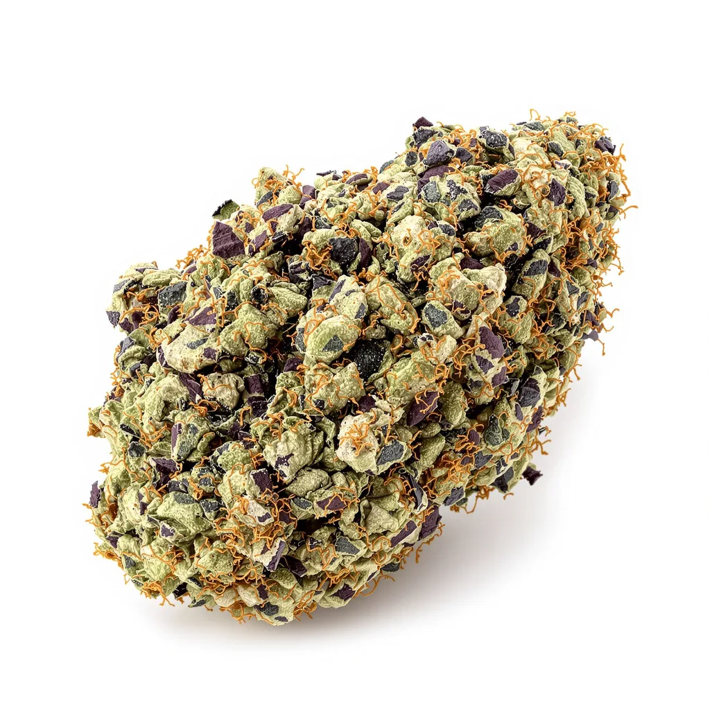 Zebra Cake 70% indica / 30% sativa flower with visible trichomes